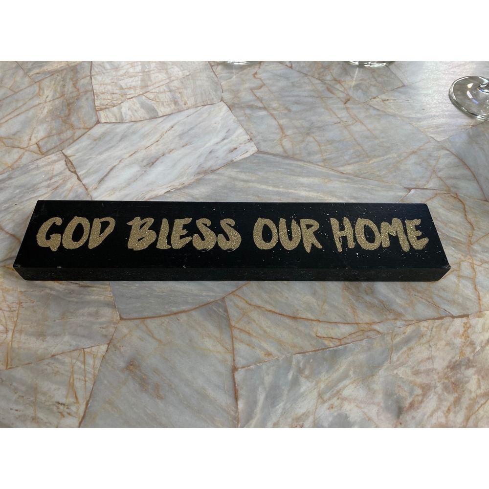 God Bless Our Home Black Wood Block Sign Gold Glitter Lettering‎ 11.5 Inch